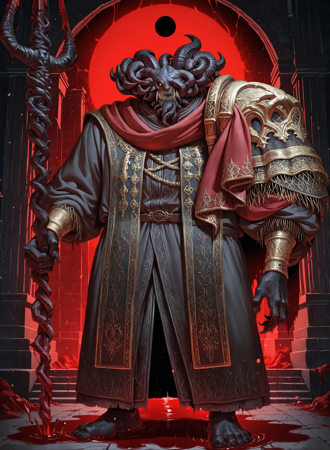 zPDXL2,masterpiece,best quality,amazing quality,(side view:0.5),elden ring,blood temple,fluttering blood,male focus,solo,
m0hg,(mature male),old,horns,one-eyed,claw,curled horns,sharp teeth,black skin,black_sclera,
standing,close_mouth,looking_at_viewer,serious,barefoot,clothes,robe,holding a trident,
<lora:NOOB_vp1_detailer_by_volnovik_v1:1>,<lora:zoroj:0.3>,<lora:Rokudenashi_Style_V1_ILXL:0.3>,<lora:Mohg_IL:1>,<lora:丰å¯èæ¯_IL:0.5>,