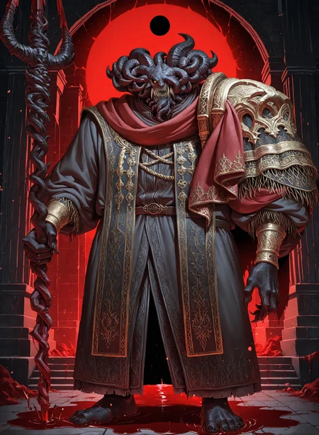 zPDXL2,masterpiece,best quality,amazing quality,(side view:0.5),elden ring,blood temple,fluttering blood,male focus,solo,
m0hg,(mature male),old,horns,one-eyed,claw,curled horns,sharp teeth,black skin,black_sclera,
standing,close_mouth,looking_at_viewer,serious,barefoot,clothes,robe,holding a trident,
<lora:NOOB_vp1_detailer_by_volnovik_v1:1>,<lora:zoroj:0.3>,<lora:Rokudenashi_Style_V1_ILXL:0.3>,<lora:Mohg_IL:1>,<lora:ä¸°å¯èæ¯_IL:0.5>,
