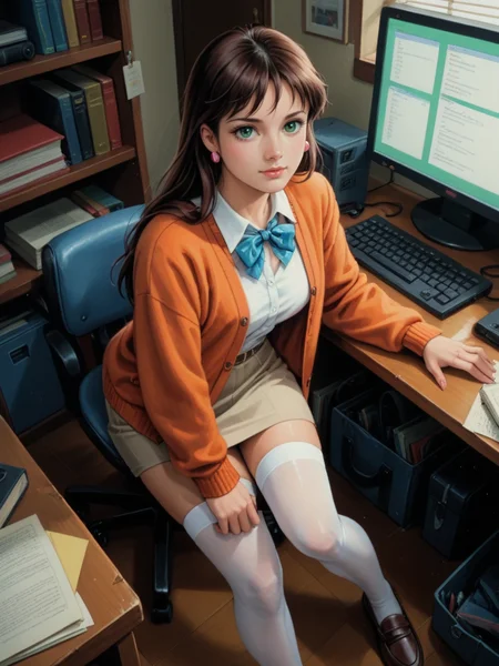 score_9, score_8_up, score_7_up, realistic, from above, background is retro dorm room, typing on computer, retro computer, <lora:Mia_Koji:.55>, miakoji, mia, cardigan, (pastels), skirt, white stockings, loafers, ronin warriors, solo, 1girl, retro, brown hair, 1980s (style), earrings, long hair, green eyes, makeup