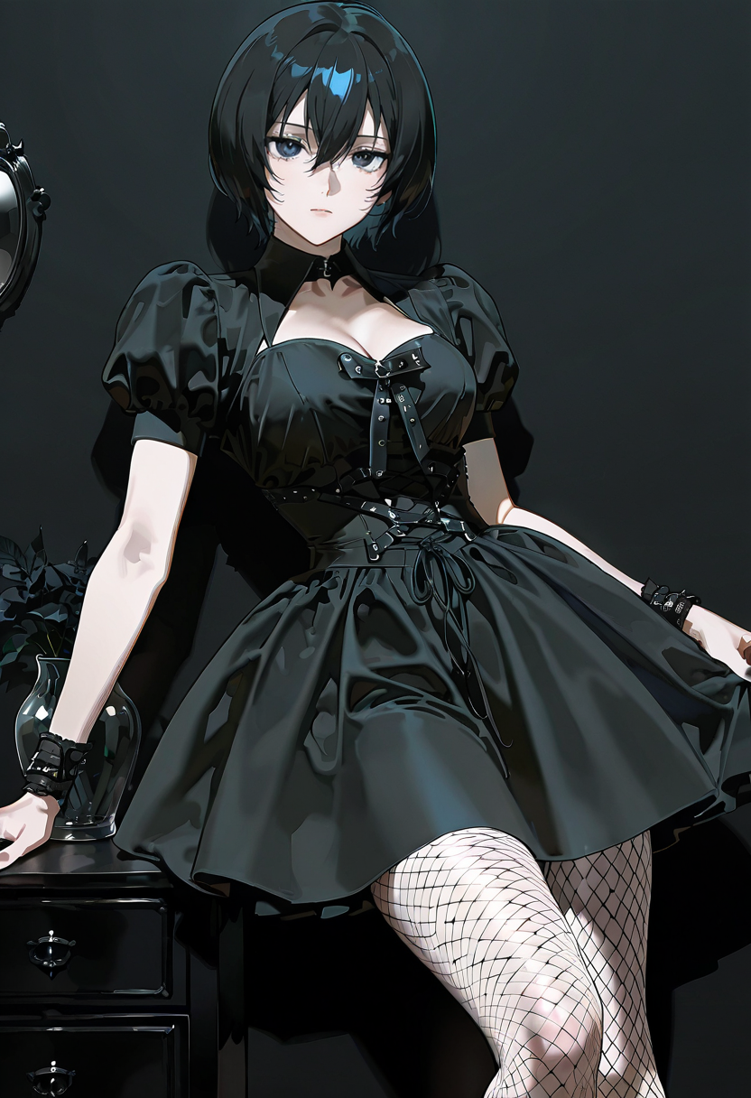 1girl,solo,looking at viewer, echo (circa),mg dress, black dress, puffy short sleeves, fishnet pantyhose, mikasa_ackerman