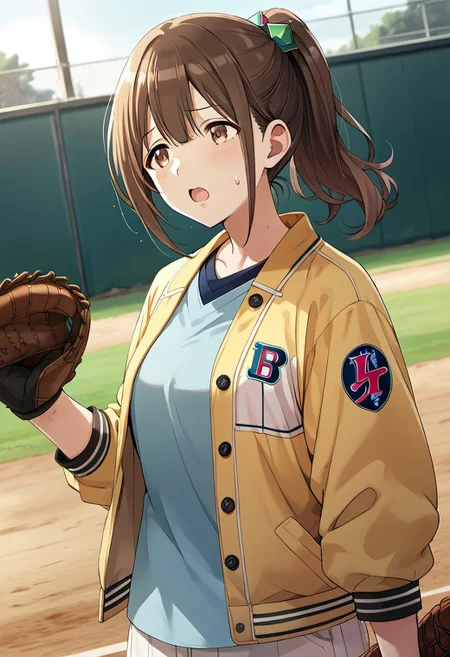 score_9, score_8_up, score_7_up, source_anime, kuwayama chiyuki, brown hair, brown eyes, long hair, 1girl, outdoors, solo, jacket, ponytail, shirt, open mouth, baseball mitt, blue shirt, hair ornament, sweatdrop, yellow jacket, baseball, open jacket