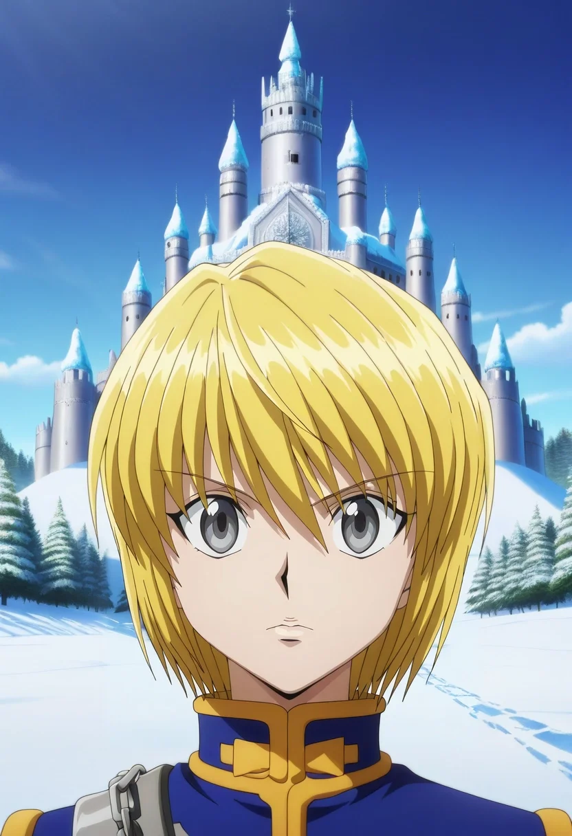masterpiece, best quality, , anime screencap, anime coloring, official style, looking at viewer, , 1boy, solo, male focus, <lora:kurapika_hxh_ilxl:0.94>, kurapika_hxh, blonde hair, grey eyes, short hair, bangs, hair between eyes, chain, winter castle, ice towers, snow courts, frost gardens, royal pose, majestic expression, morning,