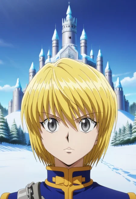 masterpiece, best quality, , anime screencap, anime coloring, official style, looking at viewer, , 1boy, solo, male focus, <lora:kurapika_hxh_ilxl:0.94>, kurapika_hxh, blonde hair, grey eyes, short hair, bangs, hair between eyes, chain, winter castle, ice towers, snow courts, frost gardens, royal pose, majestic expression, morning,
