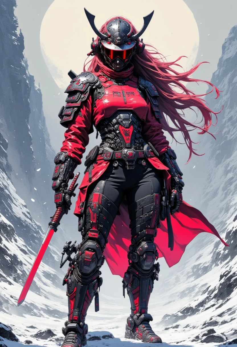 cyberpunk anime style, a stunning japanese female warrior, long flowing hair, wearing samurai armour and helmet, holding a katana with both hands on a snowy battlefield, theme in neon, red and black colour, high quality, highly detailed