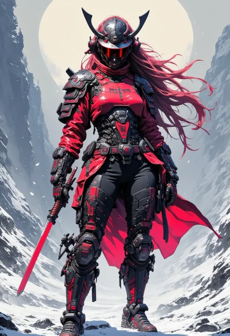 cyberpunk anime style, a stunning japanese female warrior, long flowing hair, wearing samurai armour and helmet, holding a katana with both hands on a snowy battlefield, theme in neon, red and black colour, high quality, highly detailed