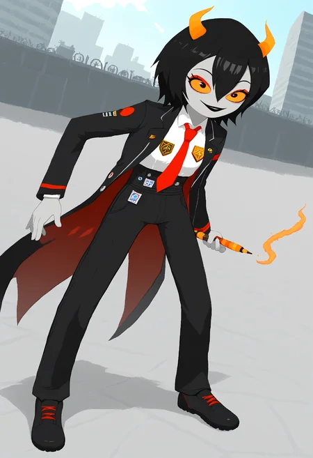 score_9, score_8_up, score_7_up, HD, best quality, masterpiece, detailed, minimalist, mspaint, 1girl, Niikou, d0nquix0tedef, Black hair, short hair, hair between eyes, horns, colored skin, grey skin, colored sclera, orange sclera, black lipstick, red eyeshadow, black coat, open coat, badge, long sleeves, white shirt, collared shirt, red necktie, black pants, high-waist pants, standing, happy, smiling, city alleyway, wand, magic, posing