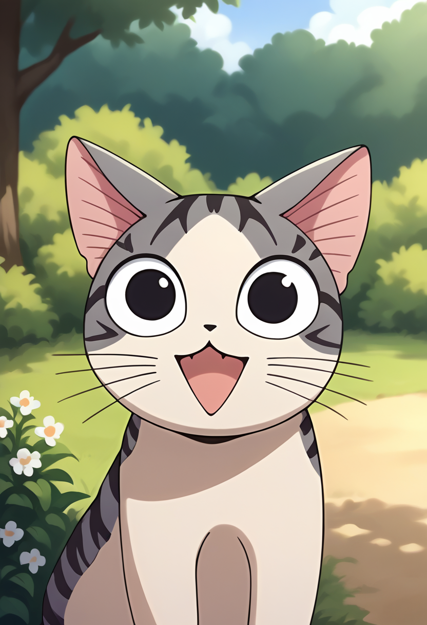 score_9, score_8_up, source_anime, ChiYamada, cat, black eyes, no humans, outdoors, smile, <lora:CHAR-ChiYamadaPonyXL:1>