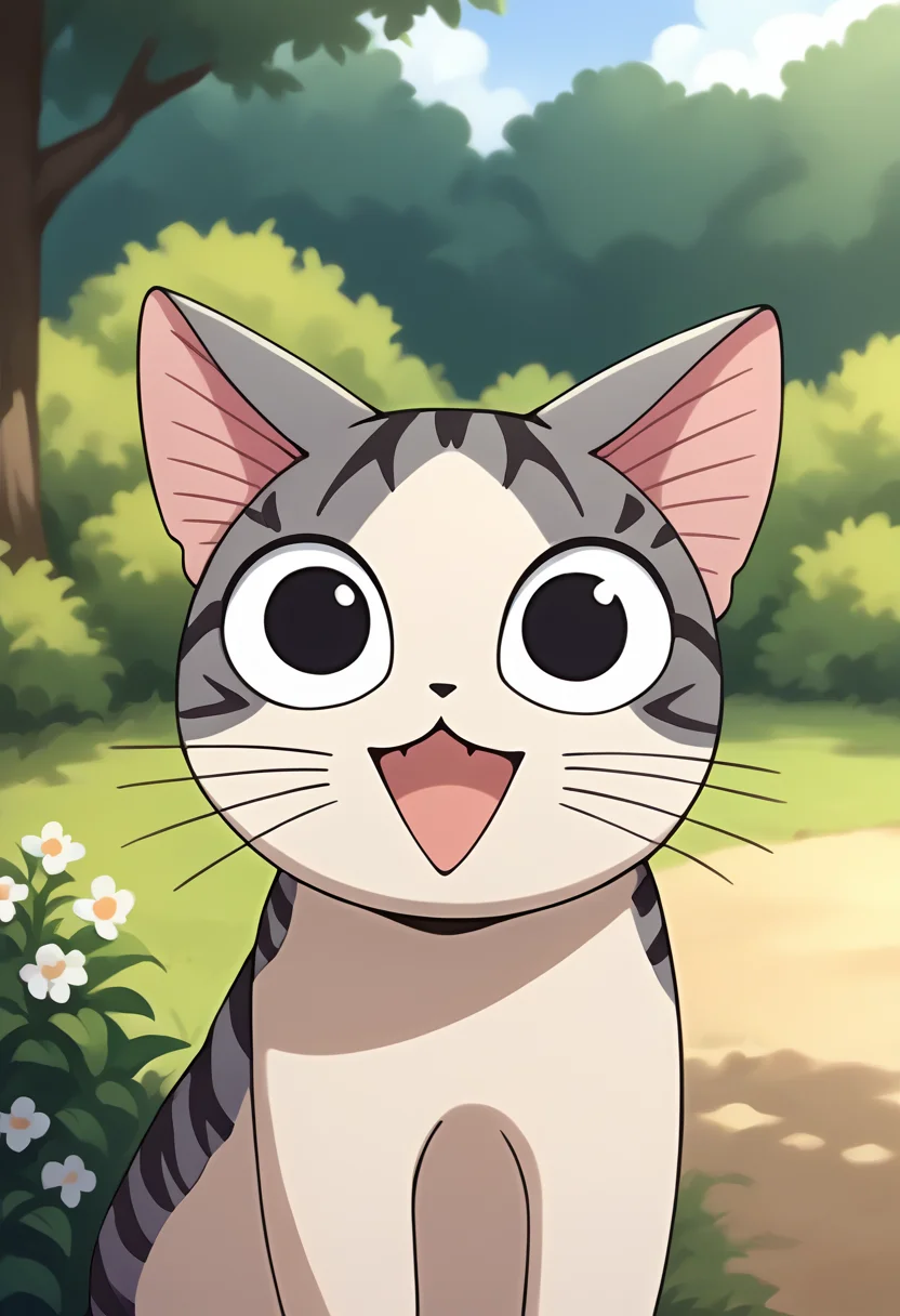 score_9, score_8_up, source_anime, ChiYamada, cat, black eyes, no humans, outdoors, smile, <lora:CHAR-ChiYamadaPonyXL:1>