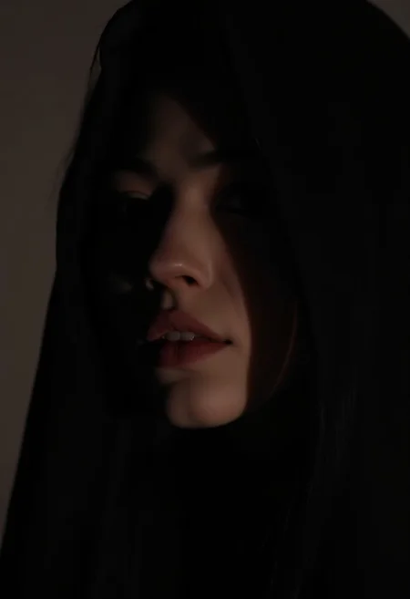 A mysterious young woman KTNK with her face partially obscured by a black veil. Only her face are visible, forming a enigmatic smile. The rest of the image is blurred, focusing solely on her lips. The lighting is soft, casting a faint shadow over her face, adding to the intrigue. The scene feels intimate and secretive.
