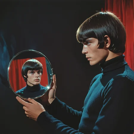 <lora:60s_Psychedelic_MovieSDXL:1> ArsMovieStill, movie still from a 60s psychedelic movie, The image is a portrait of a young man holding a round mirror in his hand. The mirror is reflecting the man's face and the surrounding area. The man is wearing a black turtleneck sweater and has short dark hair that is styled in a bob with bangs. He is looking off to the side with a serious expression on his face. The background is dark and the lighting is red and blue creating a dramatic and moody atmosphere. The overall mood of the image is mysterious and contemplative., reflection, solo, mirror, profile, short hair, 1boy, upper body, male focus, long sleeves, black shirt