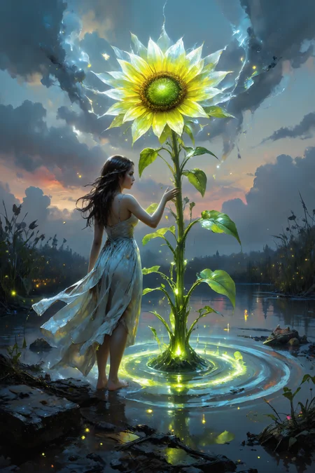 fluorescent, glow, a towering sunflower with petals made of shimmering glass grows from the center of a tranquil lake, its glowing roots visible beneath the waterâs surface. A young woman in a simple white dress stands at the waterâs edge, her bare feet sinking slightly into the soft mud, her hand outstretched toward the flowerâs gleaming stem. The lake reflects the soft, pastel hues of the early morning sky, and tiny fireflies flicker in the reeds surrounding the shore. The womanâs face is filled with quiet wonder as the flowerâs petals catch the first rays of sunlight, casting prismatic reflections across the water. The delicate textures of the glass petals, the soft rippling water, and the womanâs flowing dress create a vivid, tactile scene. A soft vignette highlights the interaction between the woman and the flower, emphasizing the serene, dreamlike atmosphere of the moment.<lora:FLUX-daubrez-DB4RZ-v2:0.6> <lora:artisketchyfs-v02:0.75> <lora:aidmaFLUXpro1.1:0.7> <lora:aidmaHyperRealismV0.2:0.4> <lora:Shattered_Void:0.62> <lora:MysticFantasy:0.4> <lora:Magic of Art (FLUX):0.4> <lora:HORROR_lora.TA_trained:0.8> <lora:lorafy_detail_enhancer:0.7>