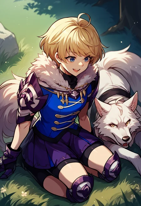 score_9, score_8_up, score_7_up, BREAK 1girl, kneeling, open mouth, smile, petting dog, <lora:MerrinFE-pdxl:1> defMerrin, short hair, ahoge, blue shirt, fur collar, turtleneck, short sleeves, elbow pads, gauntlets, purple skirt, pleated skirt, bike shorts, wolf tail, black thigh strap, knee pads, armored boots, outdoors, grass