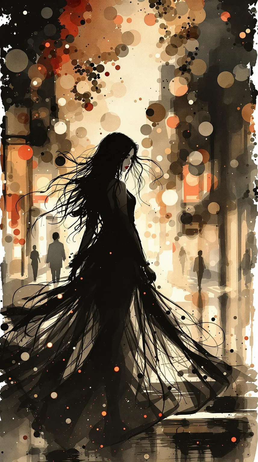 Watercolor Ink Wash, Inkplash art on rice paper, sepia, henna, carmine, Silhouette Art, magnificent, stunning japanese woman, long flowing hair, sexy dress, sidelocks, dark eyeshadow, silhouetted at night, walking towards viewer on city street, facing viewer, red lips, bokeh, chiascuro, dark abstract background