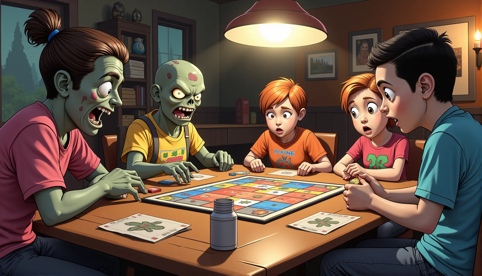 score_9, score_8_up, score_7_up, score_6_up, score_5_up, score_4_up, a family sitting around a table playing a retro board game, on the left are zombies and on the right are humans, cartoon style