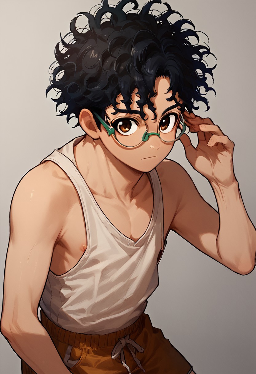 score_9, score_8_up, score_7_up,1boy, solo, cute boy, okarun, black hair, curly hair, brown eyes, glasses, tank top, shorts, one nipple, male nipple