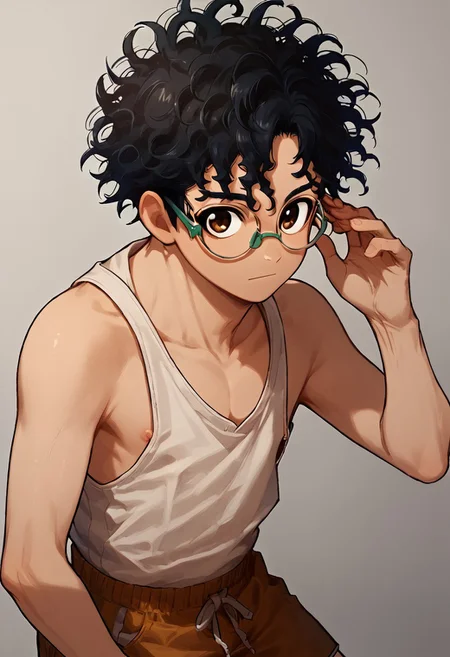 score_9, score_8_up, score_7_up,1boy, solo, cute boy, okarun, black hair, curly hair, brown eyes, glasses, tank top, shorts, one nipple, male nipple