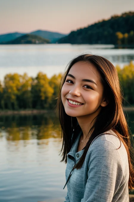 Daydreaming girl at a lake, golden hour, facing the cam and smiling