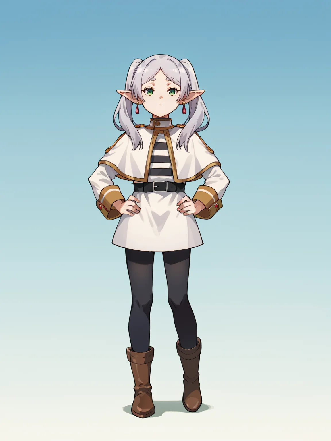 score_9, score_8_up, score_7_up, score_6_up, score_5_up, score_4_up, BREAK, source_cartoon, source_anime, 1girl, frieren, green eyes, grey hair, twintails, thick eyebrows, pointy ears, white capelet with long sleeves, earrings, black belt, black pantyhose and brown boots,
solo, full body, hands on hips, looking at viewer, simple background <lora:FrierenXL:1>