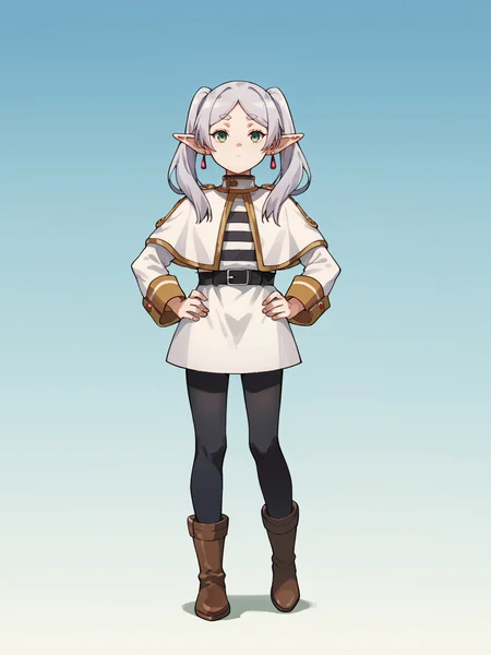 score_9, score_8_up, score_7_up, score_6_up, score_5_up, score_4_up, BREAK, source_cartoon, source_anime, 1girl, frieren, green eyes, grey hair, twintails, thick eyebrows, pointy ears, white capelet with long sleeves, earrings, black belt, black pantyhose and brown boots,
solo, full body, hands on hips, looking at viewer, simple background <lora:FrierenXL:1>