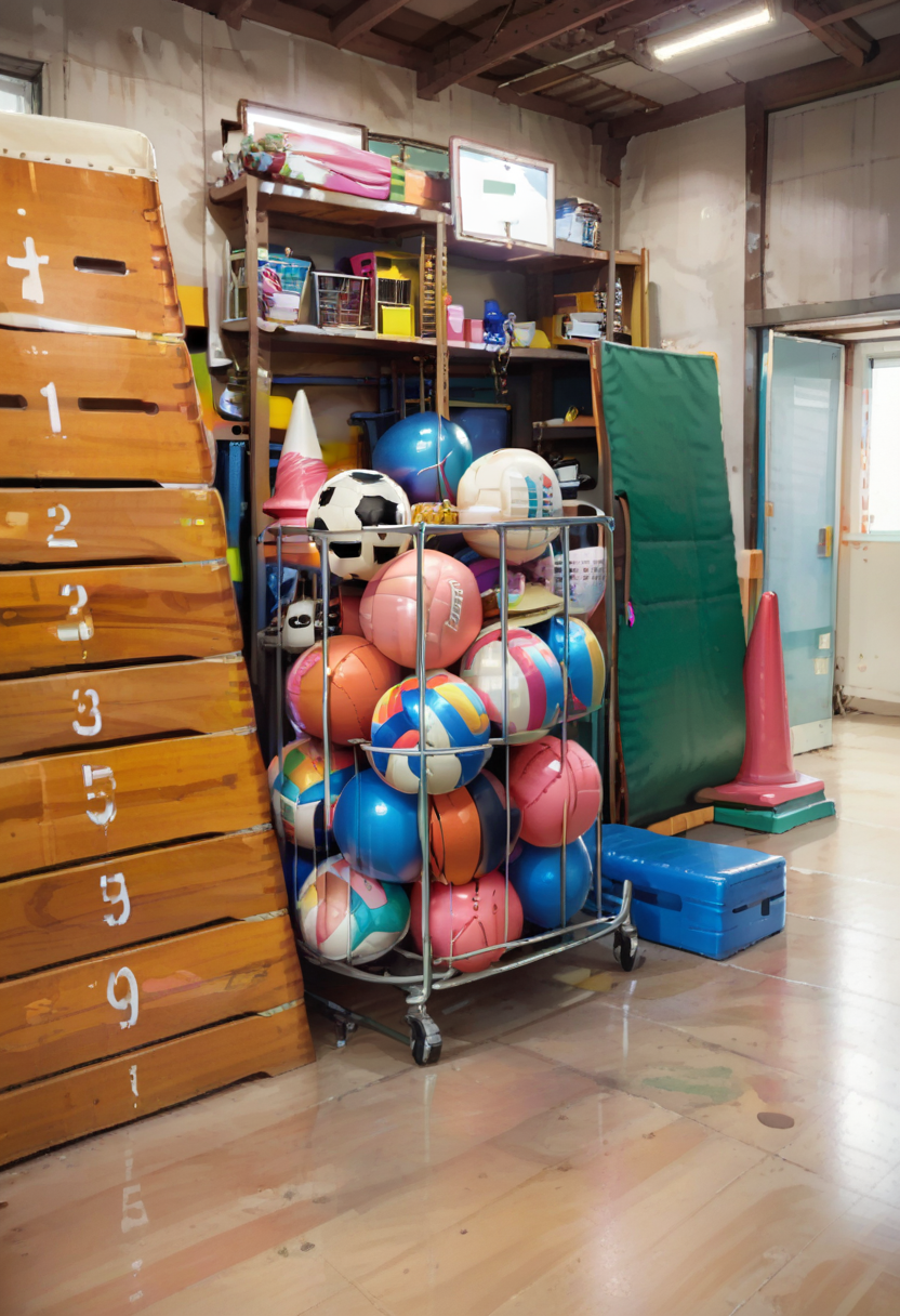 score_9, score_8_up, score_7_up, rating_safe, masterpiece, best quality, absurdres, unity 8k wallpaper, official art, official style, source_anime, uncensored, game cg, megami magazine,
taikusouko, vaulting box, gymnastics mat, traffic cone, ball, soccer ball, door, reflection, gym storeroom, indoors,
 <lora:gakkou_taiikusouko_PONY_V1:1>