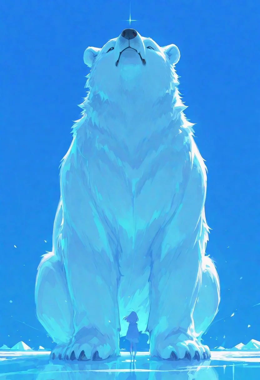 masterpiece, best quality, very aesthetic, absurdres, (anime coloring:1.2), dynamic lighting, ambient light, soft light, Rapscallionstyle, usnr, xxx667_illu, line art,
a giant polar bear, ice berg, white and blue background, cute Atmosphere,
high detail, sharp shading, centered composition, soft shadows