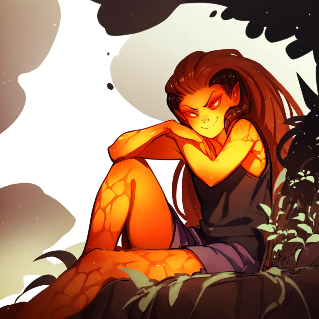 score_9, score_8_up, score_7_up, score_6_up, score_5_up, score_4_up, source_anime,  WrathiaBellarmina, demon girl, colored skin, smirk, sitting,