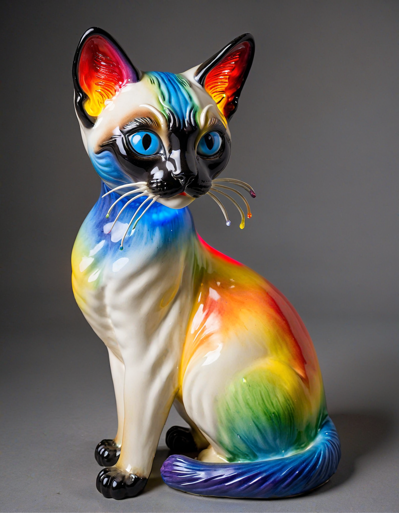 porcelain art, a rainbow colored siamese cat, museum display, floodlights,