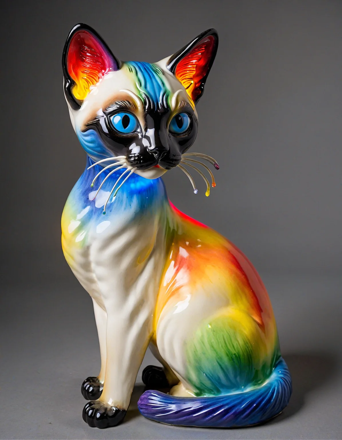 porcelain art, a rainbow colored siamese cat, museum display, floodlights,