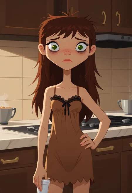 score_9, score_8_up, score_7_up, 1girl, solo,
brown hair, green eyes, hair down, long hair,
perfect hands, show accurate, perfect anatomy, med body,
indoors, small perky breasts, kitchen, hand on hip, loose clothing, wear only lace nightgown, holding a cup of coffee in hand, sleepy eyes, bags under eyes, loose clothes,