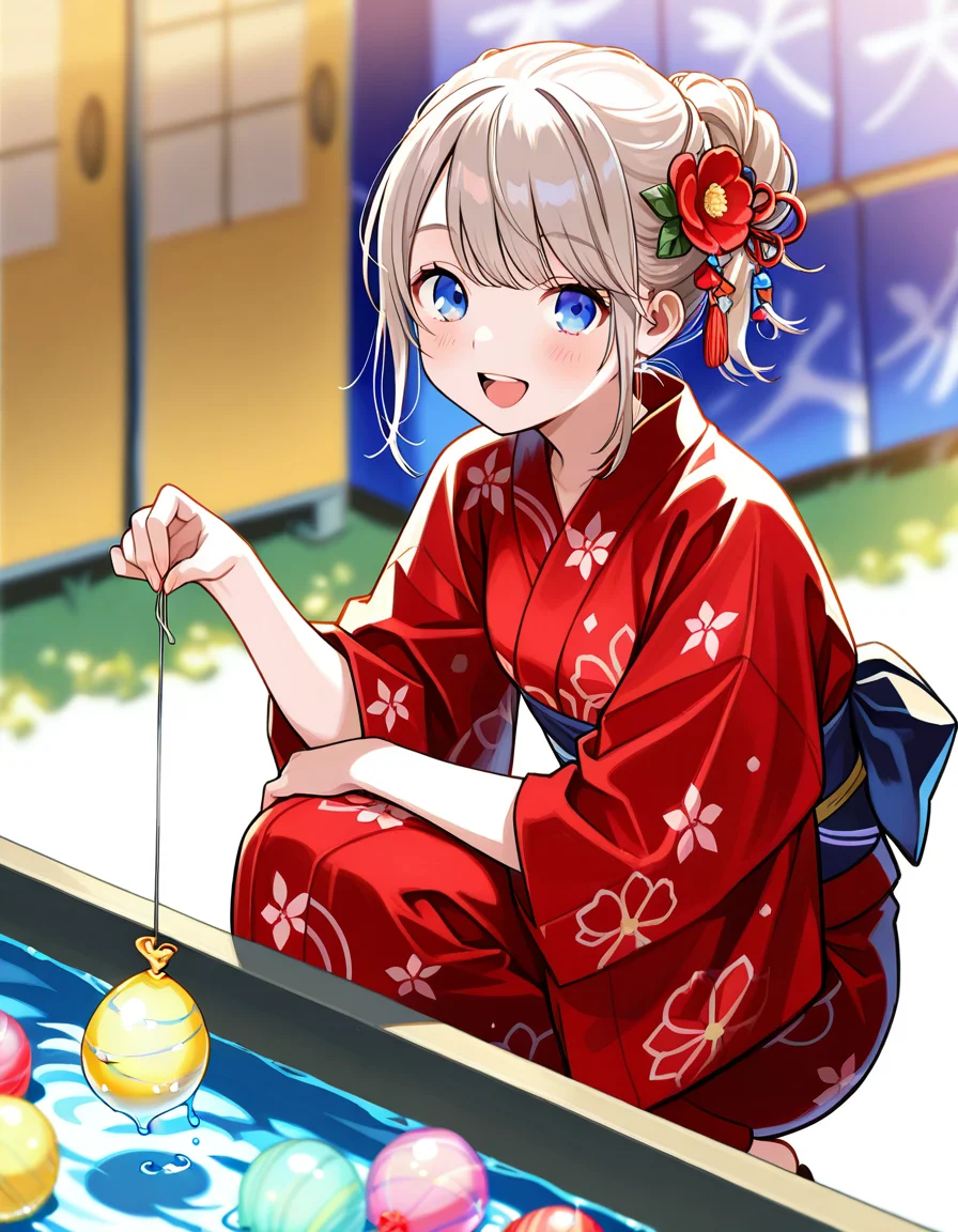 score_7_up, anime BREAK official art, solo, 1girl, one girl,
<lora:natsumatsuri:1>, natsumatsuri,
1girl, japanese clothes, solo, open mouth, smile, yukata, looking at viewer, hair ornament, holding, sash, blurry, :d, obi, game stall, red yukata, water yoyo, water balloon fishing, squatting,
(masterpiece:1.3), best quality, high resolution, unity 8k wallpaper, extremely detailed CG, 8K, (watercolor \(medium\), muted color, sketch:1.1), perfect anatomy, highly finished, masterpiece, best quality, high quality, amazing quality, great quality, very aesthetic, ultra detailed, highres, absurdres, highly detailed, highly detailed background,