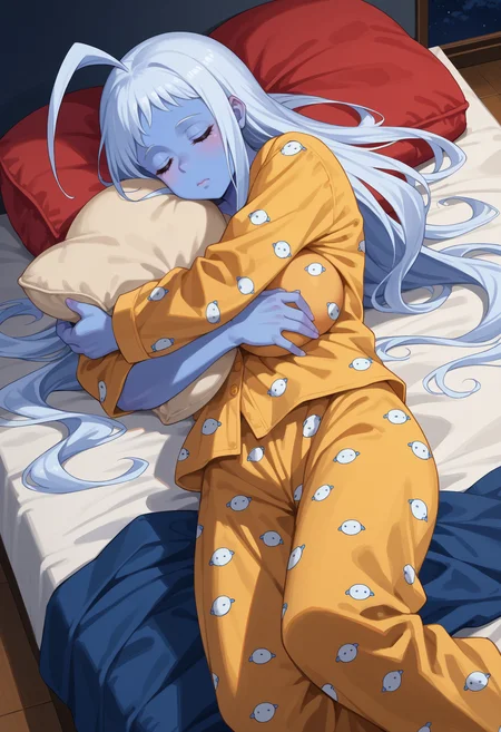 score_9,score_7_up,1girl,jelolala,solo,huge breasts,colored skin,blue skin,white hair,ahoge,long hair,night,from above,lying on bed,on side,pajamas,pillow hug,closed eyes,nude,<segment:yolo-Anzhc Face seg 640 v2 y8n.pt,0.4,0.3//cid=1><segment:yolo-Anzhc Breasts Seg v1 1024m.pt,0.4,0.3//cid=2>