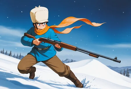 masterpiece, best quality, amazing quality, very aesthetic, absurdres, intricate details, vibrant colors, 1980s \(style\), svcc, traditional medium, male focus, Corio, 1boy, solo, short hair, fur hat, blue eyes, bangs, black hair, aged up, orange scarf, blue long sleeves, button, boots, brown long pants, a teen boy hunting in the snow, rifle, gun, hold, holding weapon, snow fall, stoic expression, scenery, innocence lost, betterhand,