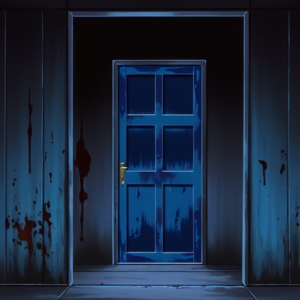 anime artwork of  <lora:Bible Black style:1>
a dark hallway with a blue door and a window,1girl,solo,blood,close-up,dark eroge,anime,manga,nsfw,cartoon,Adult animation,explicit,Original video animation, Baiburu Burakku style, Bible Black style, night, anime style, key visual, vibrant, studio anime,  highly detailed