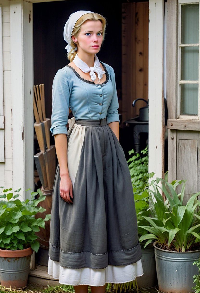Ultra Realistic, full body shot,  Cinderella,  ,  housework everyday dress, white scarf in hair, hand on hips, in a 18's century farm
