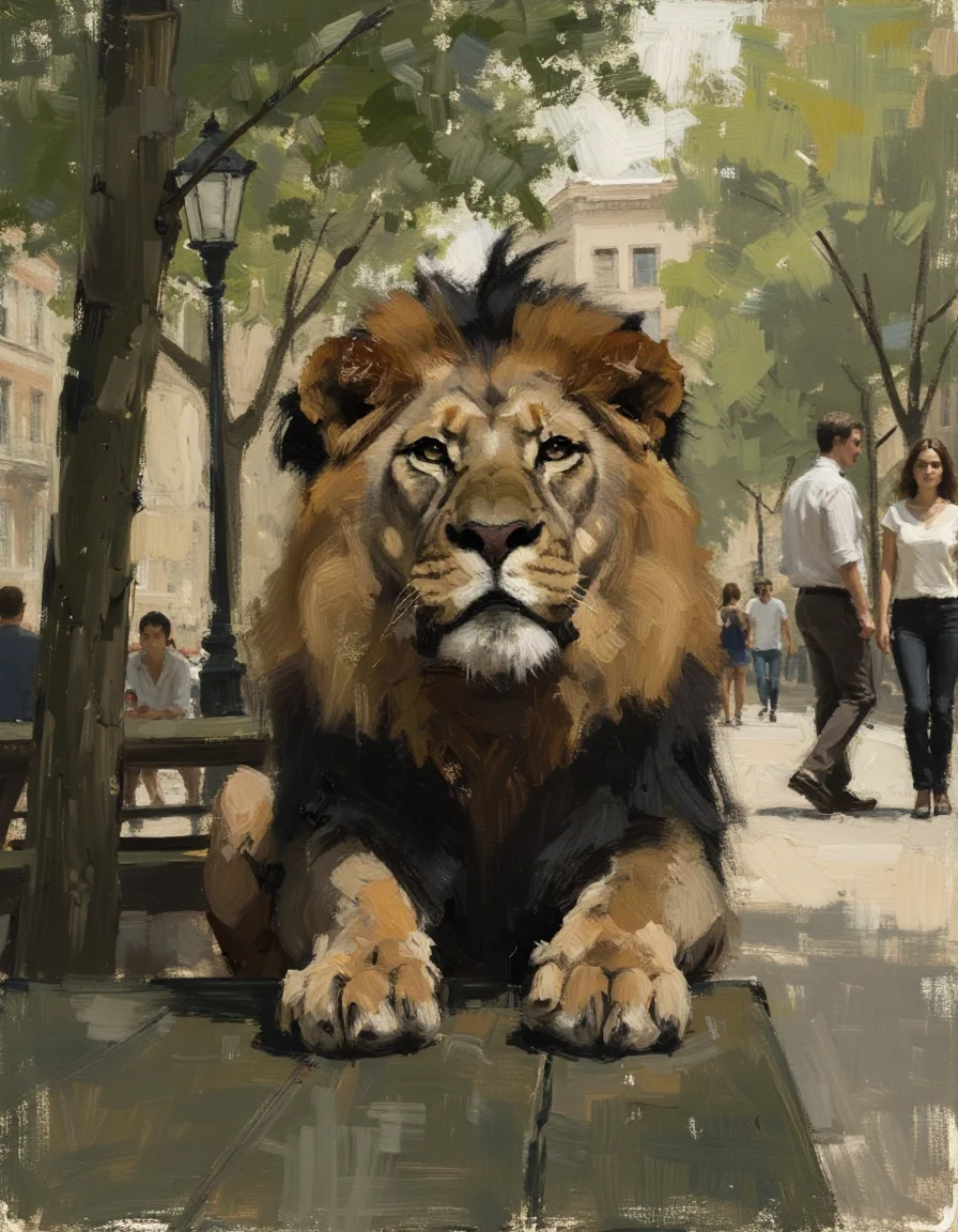 a majestic lion sits alert on a picnic table in a city park watching people