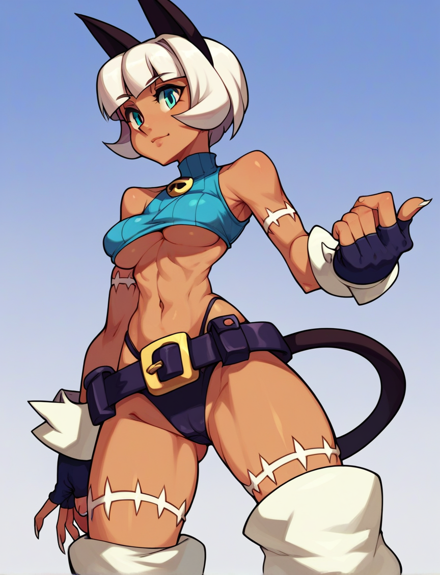 score_9, score_8_up, ms.fortune_\(skullgirls\), 1girl, solo, cat ears, bob cut, white hair, tan skin, neko, cat tail, blue top, strapless, sleeveless, cropped, stitches, underboob, fingerless gloves, black panties, belt, legwarmers <lora:sgStyleSDXL:1>