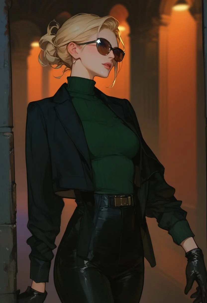 score_9, score_8_up, score_7_up, score_6_up, score_5_up, score_4_up,1girl, turtleneck sweater, black sweater, pale skin, semi-realism, medium breasts, tight clothes, dark narrow corridor, black latex gloves, formal suit, black suits, blonde hair, great artist, 8k, black formal jacket, shadows, cinematic scene, sunglasses, depth of field,