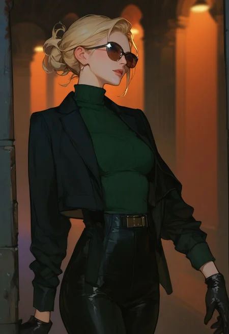 score_9, score_8_up, score_7_up, score_6_up, score_5_up, score_4_up,1girl, turtleneck sweater, black sweater, pale skin, semi-realism, medium breasts, tight clothes, dark narrow corridor, black latex gloves, formal suit, black suits, blonde hair, great artist, 8k, black formal jacket, shadows, cinematic scene, sunglasses, depth of field,