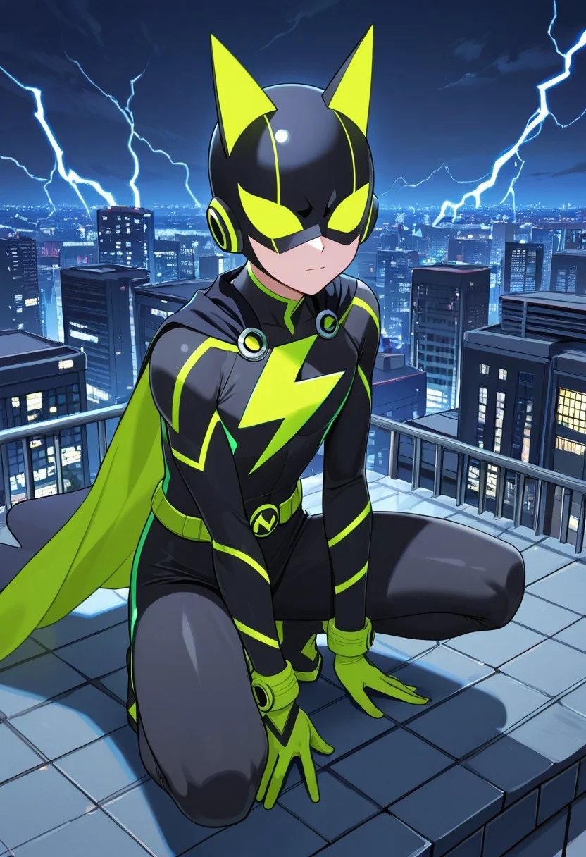 best quality, newest, absurdres, highres, high quality, masterpiece, source anime,
super hero, male, crouching, rooftop,
lightning bolt shaped ears,
lightning bolt symbol on chest,
city, night, detailed background,