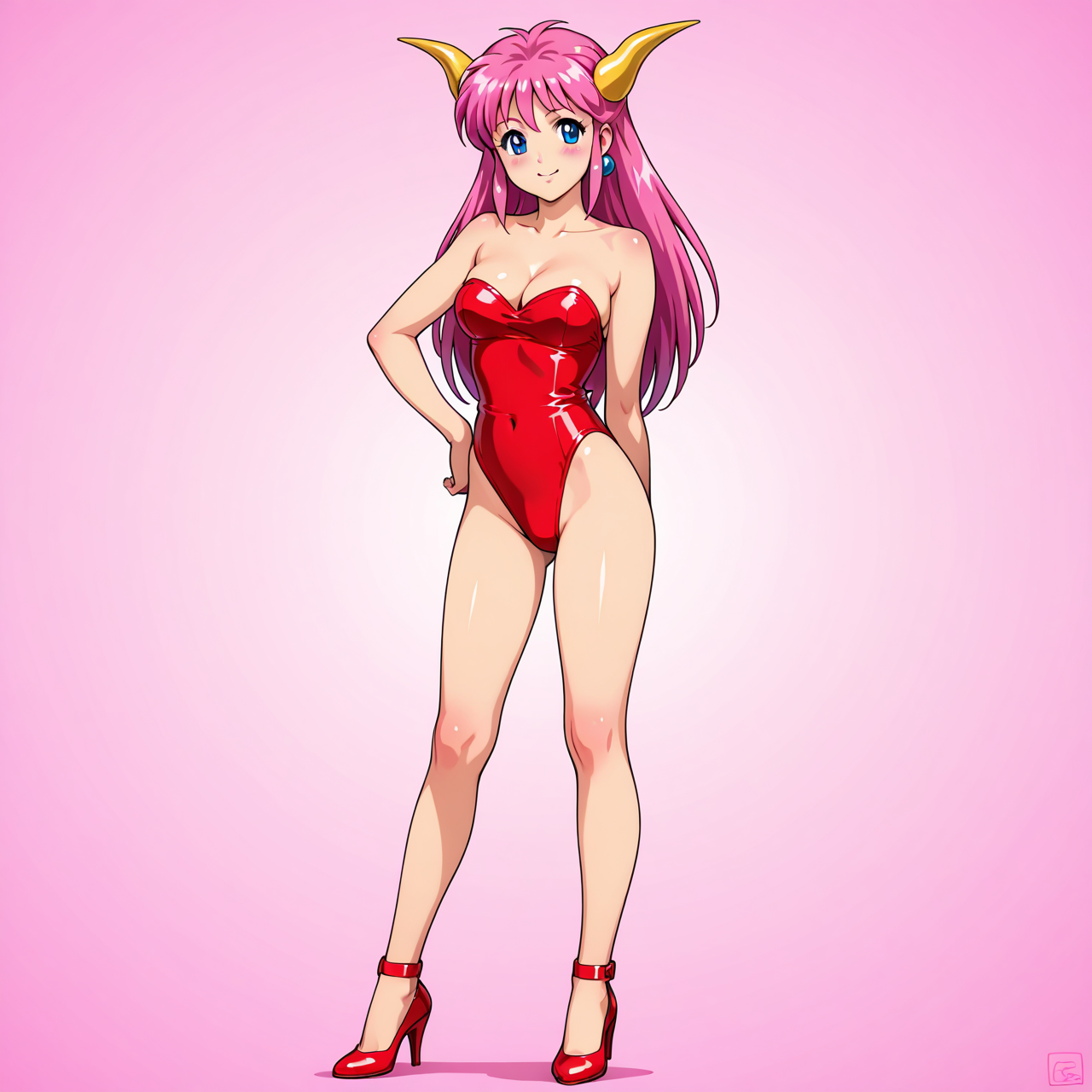 [generated by waiNSFW_v120:100]
<lora:gesen-musume-IL_v1:0.4>gesen-musume, solo, 4K, anime coloring, BREAK
horn head, pink hair,
medium breasts,
red leotard, cleavage, strapless,
highheels,
smile,
standing,
blush,
masterpiece, beautiful face, best quality