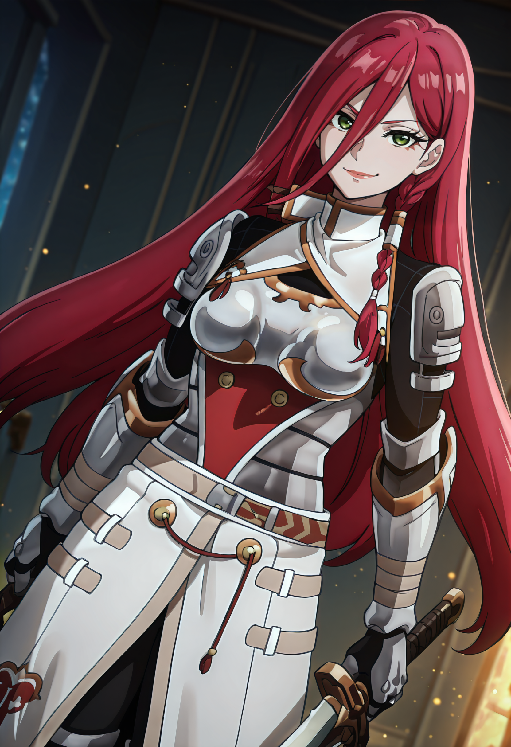 best quality, amazing quality, perfect quality, high quality, masterpiece, absolutely eye-catching BREAK
<lora:Shangri-La_Frontier_-_Psyger-100:1> ShangriPsyger100, green eyes, red hair, long hair, hair between eyes, side braid, hair ornament, lipstick BREAK
white detached collar, breastplate, black undershirt, shoulder armor, gauntlets, white overskirt BREAK
1girl, solo, holding sword, standing, looking at viewer, smirk, dutch angle, cowboy shot, light particles