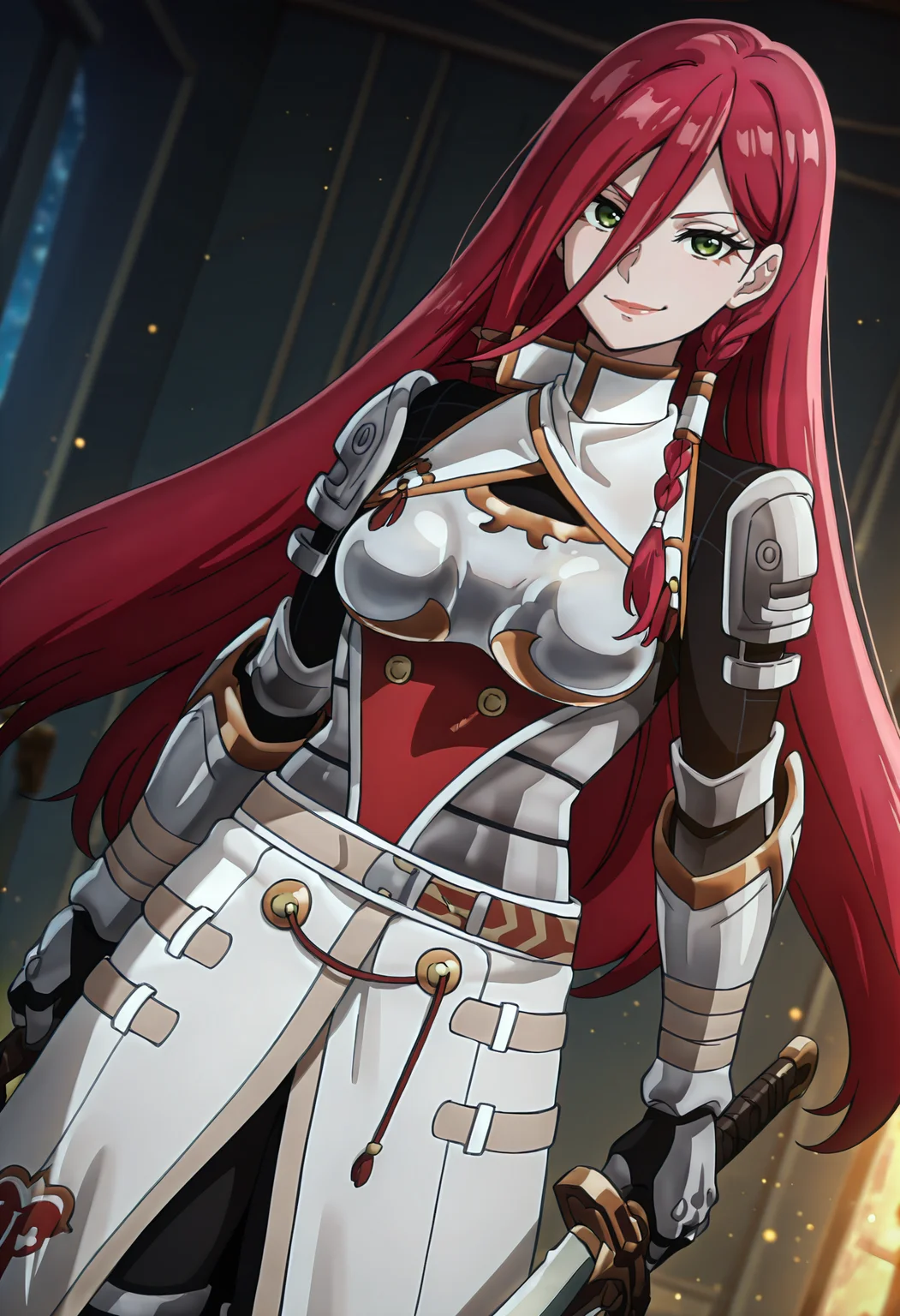 best quality, amazing quality, perfect quality, high quality, masterpiece, absolutely eye-catching BREAK
<lora:Shangri-La_Frontier_-_Psyger-100:1> ShangriPsyger100, green eyes, red hair, long hair, hair between eyes, side braid, hair ornament, lipstick BREAK
white detached collar, breastplate, black undershirt, shoulder armor, gauntlets, white overskirt BREAK
1girl, solo, holding sword, standing, looking at viewer, smirk, dutch angle, cowboy shot, light particles
