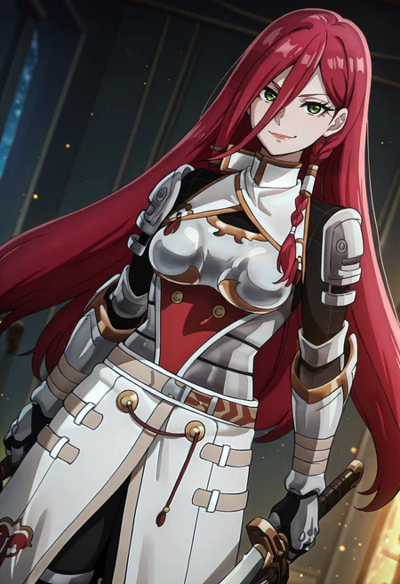 best quality, amazing quality, perfect quality, high quality, masterpiece, absolutely eye-catching BREAK
<lora:Shangri-La_Frontier_-_Psyger-100:1> ShangriPsyger100, green eyes, red hair, long hair, hair between eyes, side braid, hair ornament, lipstick BREAK
white detached collar, breastplate, black undershirt, shoulder armor, gauntlets, white overskirt BREAK
1girl, solo, holding sword, standing, looking at viewer, smirk, dutch angle, cowboy shot, light particles