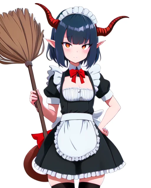 masterpiece, best quality, Lost Ruins, Lusty, cowboy_shot, simple_background, white_background, 1girl, apron, broom, colored_skin, dress, frilled_apron, frills, holding_broom, horns, maid, maid_apron, maid_headdress, monster_girl, red_eyes, solo, tail, thighhighs, waist_apron, white_apron, reptile girl, <lora:LostRuins:1>