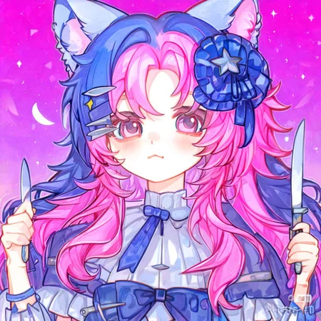 best quality, masterpiece, style201223,
1girl, pink hair, multicolored hair, animal ears, solo, blue hair, hair ornament, holding, knife, long hair,
sample background,pink background,