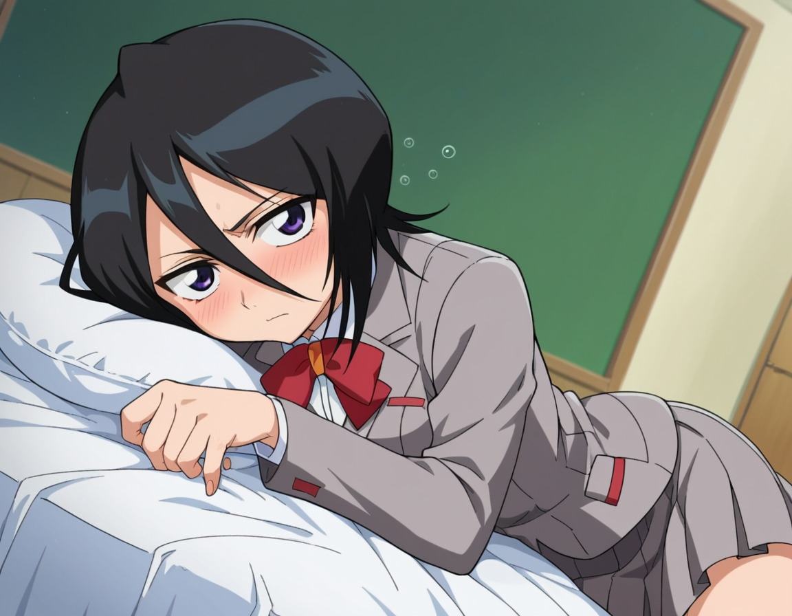 score_9, score_8_up, score_7_up, source_anime, 
rukiakuchiki, <lora:rukia-kuchiki-s1-ponyxl-lora-nochekaiser:1>, 
rukia kuchiki, black hair, hair between eyes, purple eyes, short hair,
skirt, bow, school uniform, jacket, blazer, grey jacket,
indoors, bed, bed room, on side, blush, drunk,
looking at viewer, cowboy shot, dutch angle,