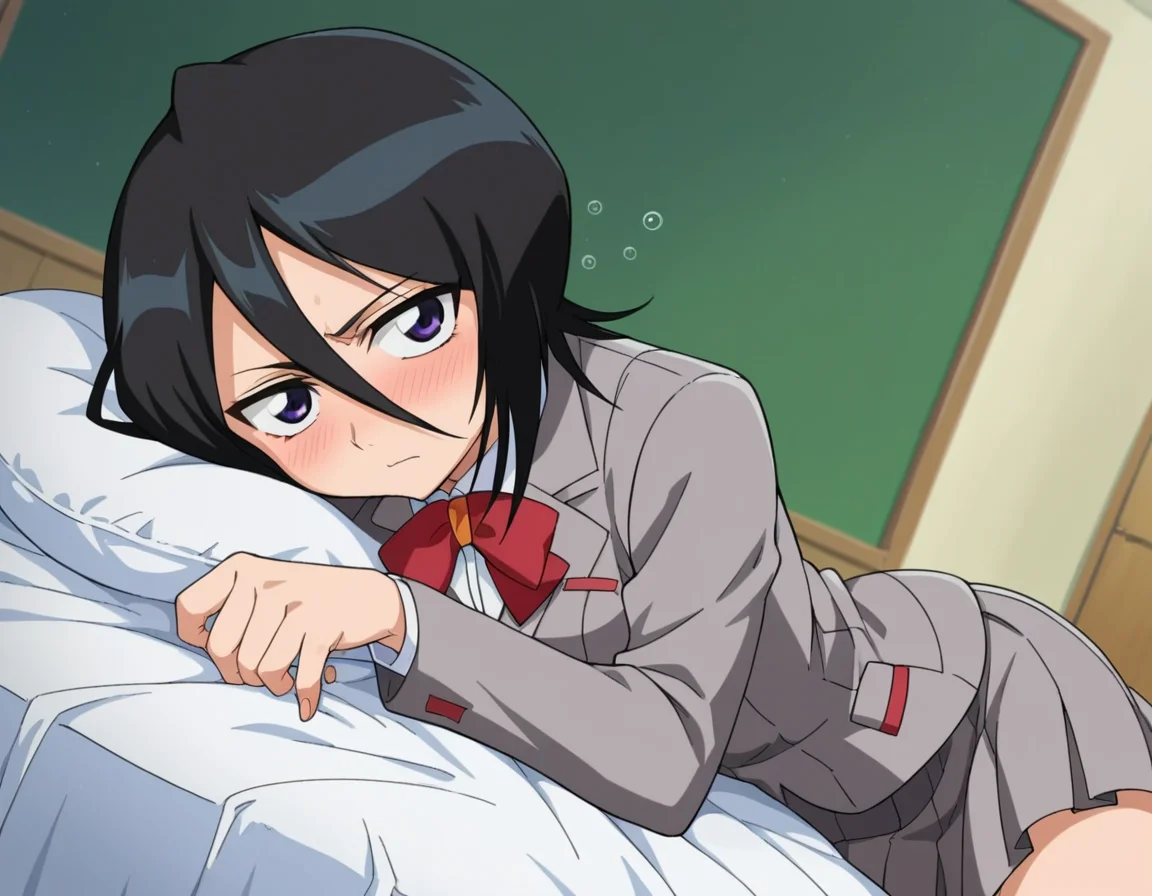 score_9, score_8_up, score_7_up, source_anime,
rukiakuchiki, <lora:rukia-kuchiki-s1-ponyxl-lora-nochekaiser:1>,
rukia kuchiki, black hair, hair between eyes, purple eyes, short hair,
skirt, bow, school uniform, jacket, blazer, grey jacket,
indoors, bed, bed room, on side, blush, drunk,
looking at viewer, cowboy shot, dutch angle,