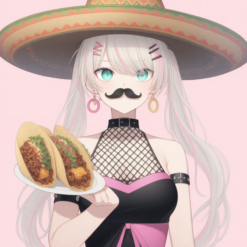 lia, arm strap, bare shoulders, triangle fishnets, hair ornament, jewelry, long hair, streaked hair, pink bow, pink ribbon, ribbon, solo, black white and pink sportswear, bolt earrings, twintails, oval eyes, platinum blonde hair,
(((curly mustache, tacos, food, sombrero hat))),
<lora:LIA-XLv2-t1-000004:0.6>