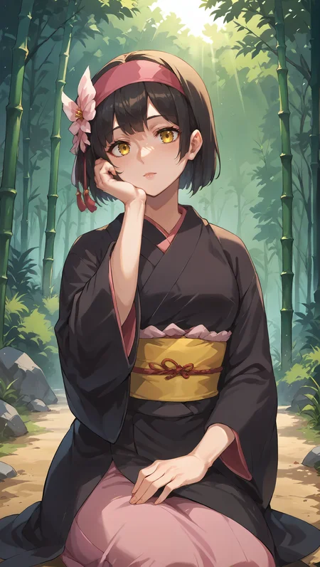 score_9,score_8_up,score_7_up,score_6_up, source_anime, zPDXL, <lora:Mio - Pony-000004:0.8>, woman, short black hair, pink headdress, yellow eyes, black kimono, yellow obi, <lora:Wakfu_CartoonV02:0.5>, <lora:xl_more_art-full_v1:0.5>, (resting head on hands), walking down a dirt path, (bamboo forest), sunbeam, light rays,
