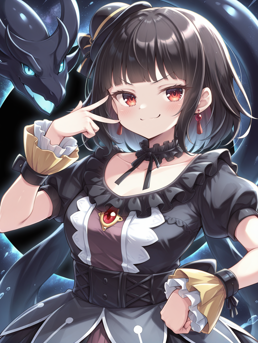 blunt bangs,moon of the closed heaven,1girl,red earrings,solo,smug,smile,looking at viewer,hand on own hip,blush,upper body,collarbone,v-shaped eyebrows,closed mouth,black dragon,black frilled choker,black mini hat,black princess dress,yellow wrist cuffs,hand up,1other,solar eclipse,space
masterpiece,best quality,amazing quality,very aesthetic,apussbsurdres,newest,<lora:Moon of the Closed Heaven illuXL v1.1:0.72>,